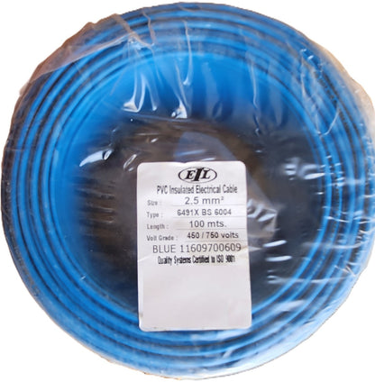 A spool of blue PVC insulated electrical cable, wrapped in clear plastic with a white product label in the center, shown against a plain white background.